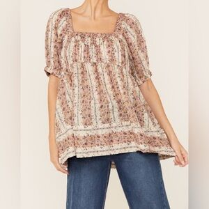 Free People Women's Vintage Lover Floral Print Short Sleeve Blouse, Size M